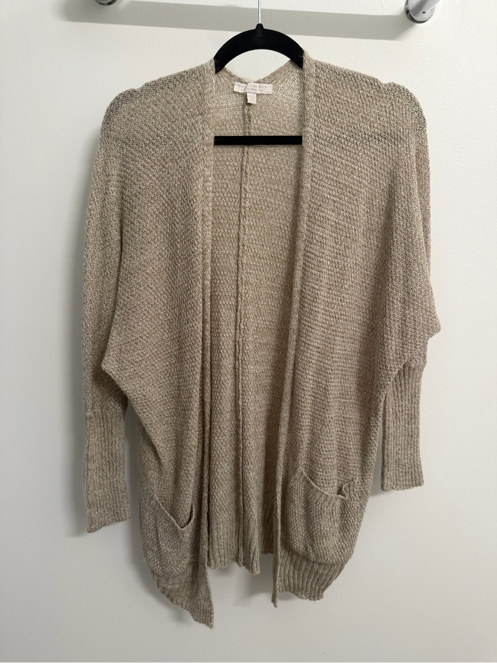 Open-Front Light Beige Knit Cardigan with Pockets